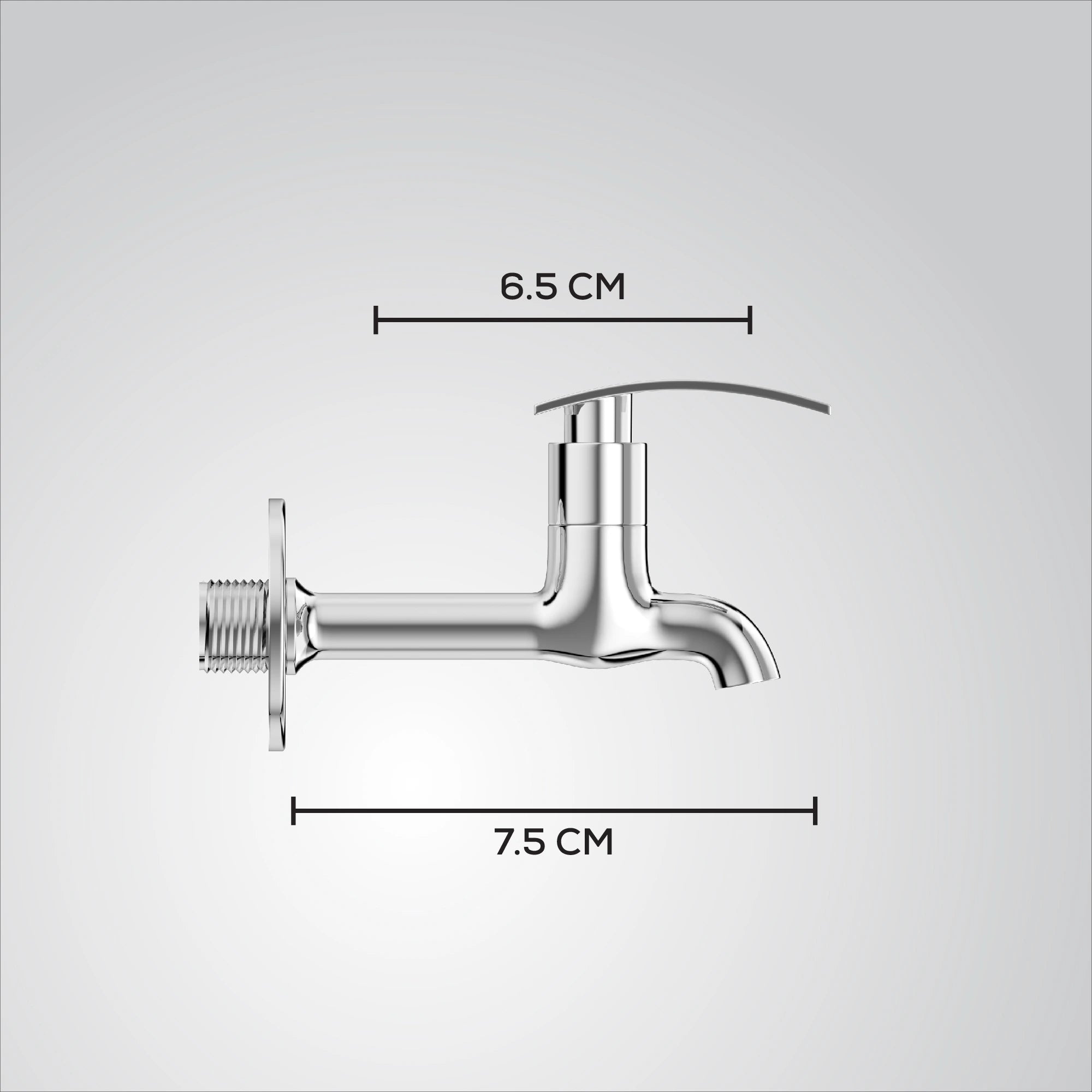Chrome faucet with measurements on a gray background