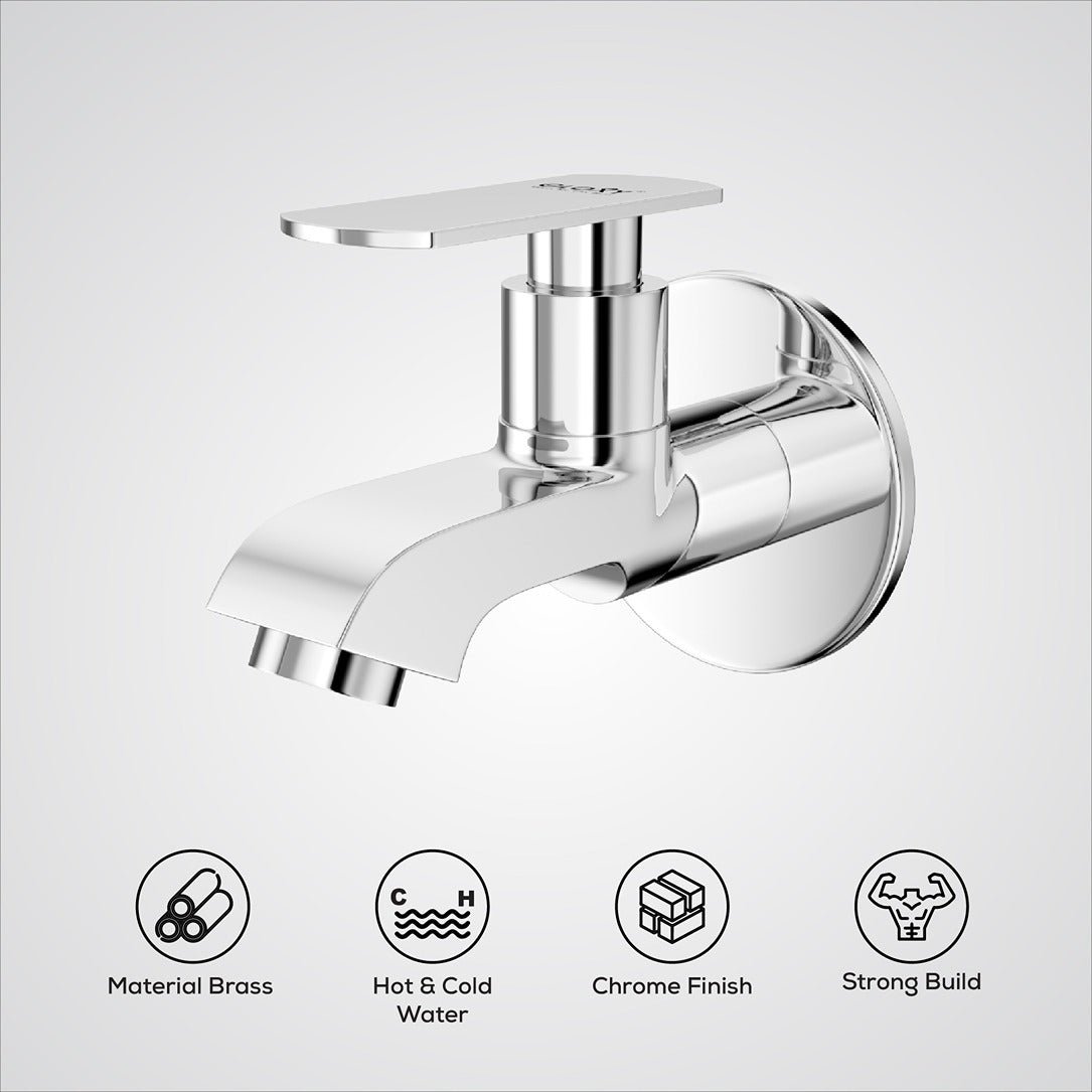 Chrome wall-mounted faucet with features listed below on a white background