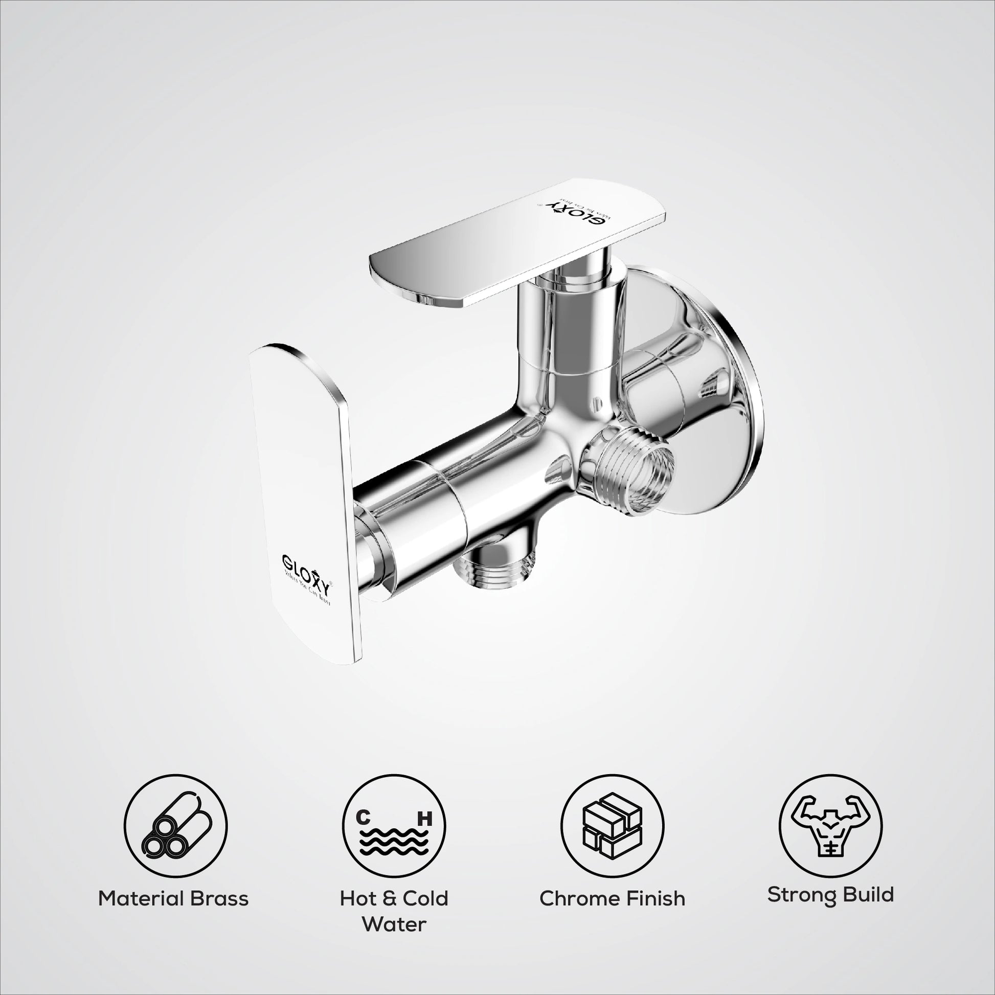 Chrome wall-mounted cock head with material and feature icons below.