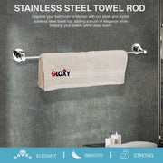 A stainless steel towel rod with a 'GLOXY' logo towel hanging on it, mounted on a gray wall.