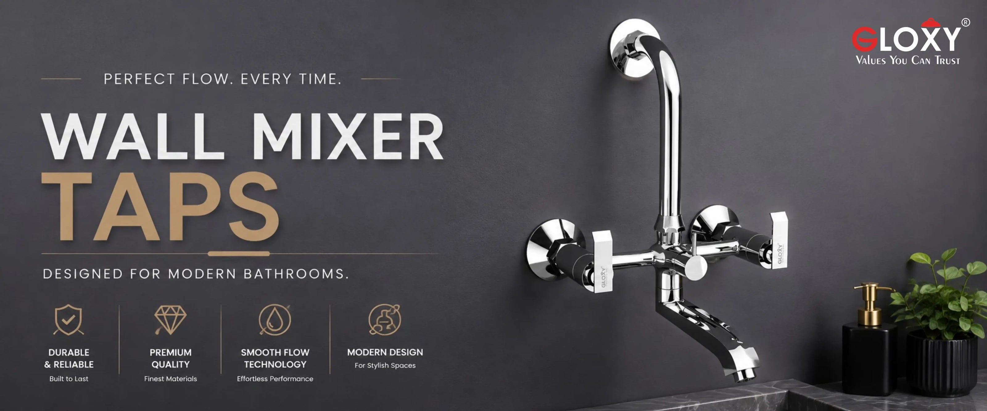 A wall-mounted chrome mixer tap set shown installed against a dark gray bathroom wall, with text on the left reading 'WALL MIXER TAPS' and the Cloxy logo in the top right.