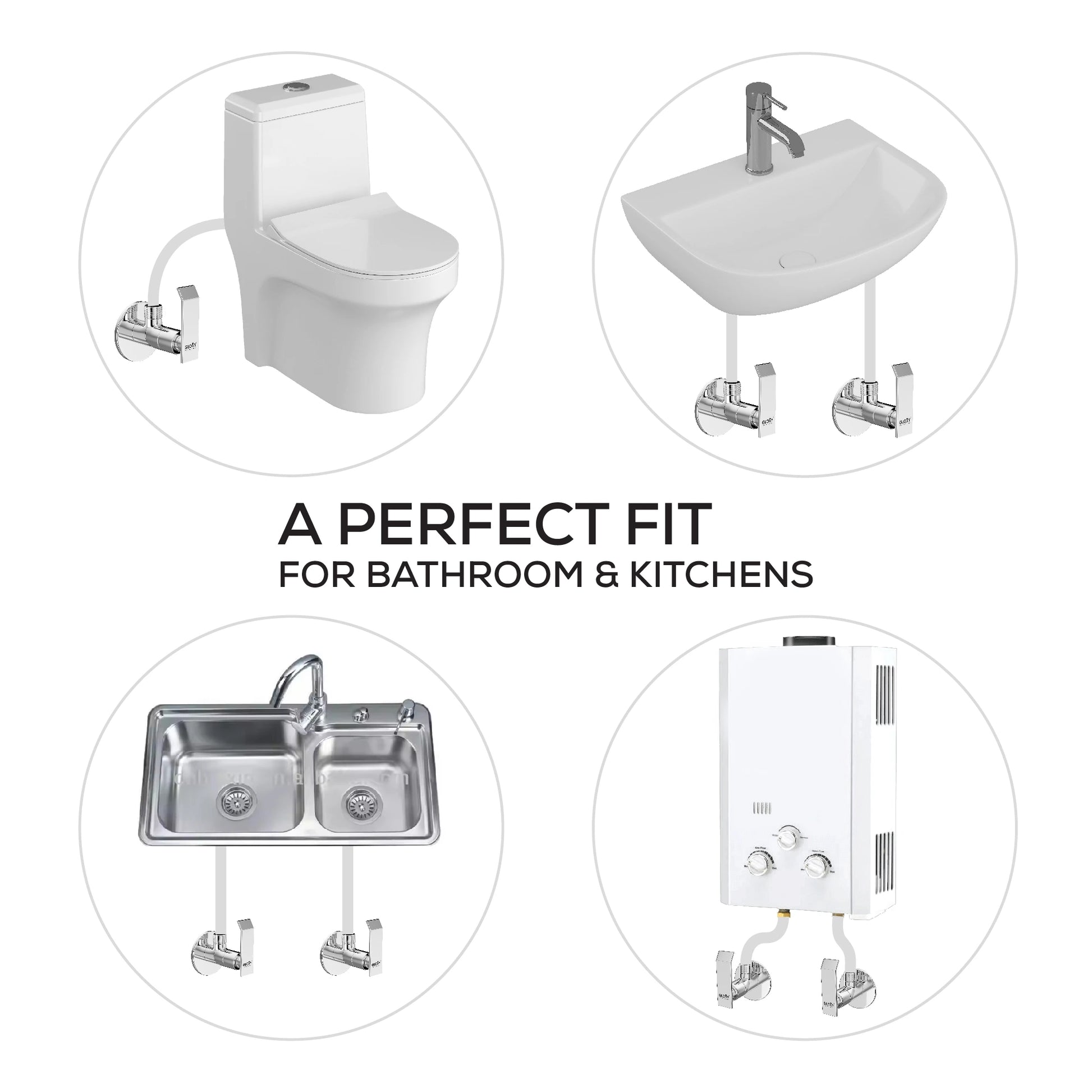 Collage of bathroom and kitchen fixtures with metal brackets, promoting compatibility.