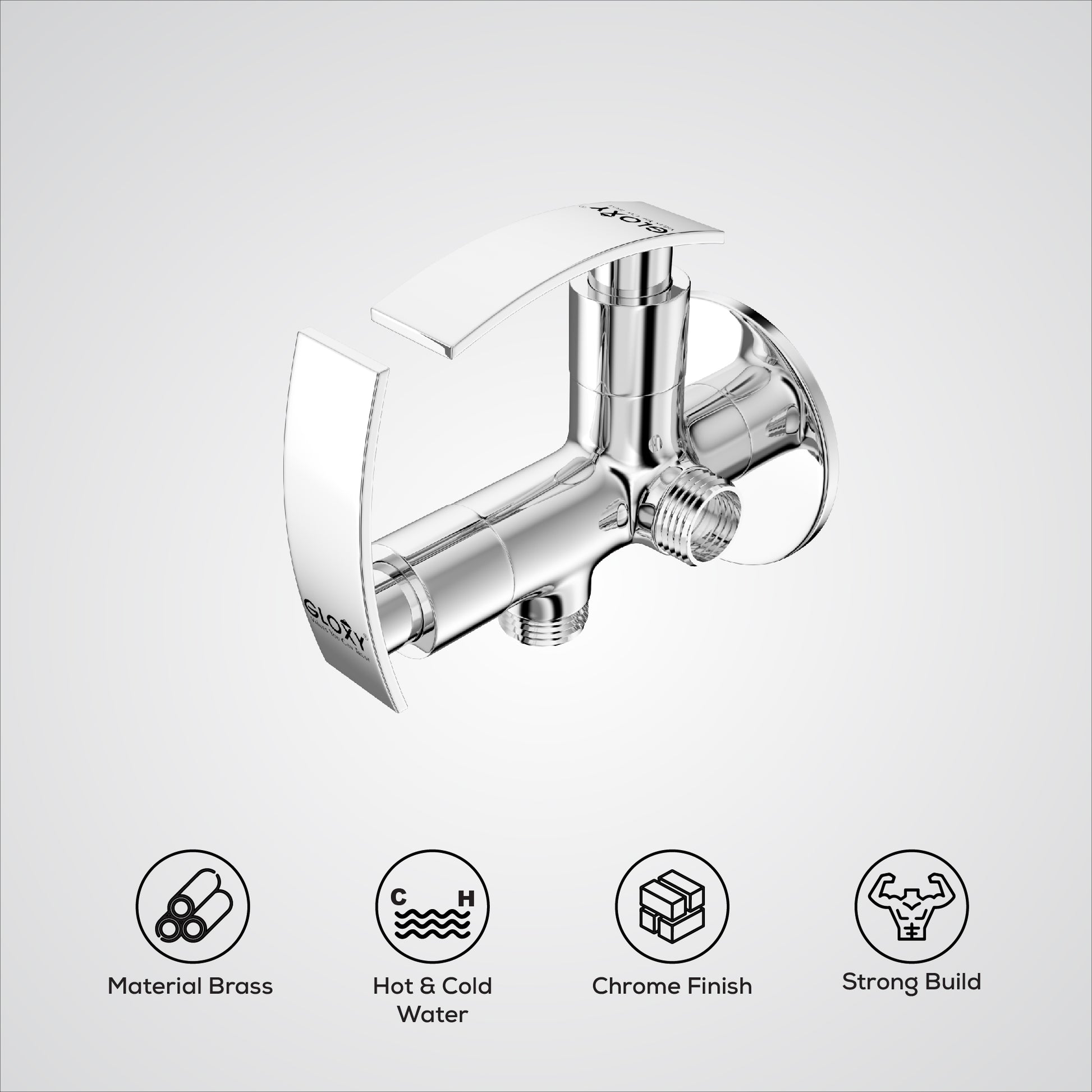 Chrome angle valve with features listed below on a white background