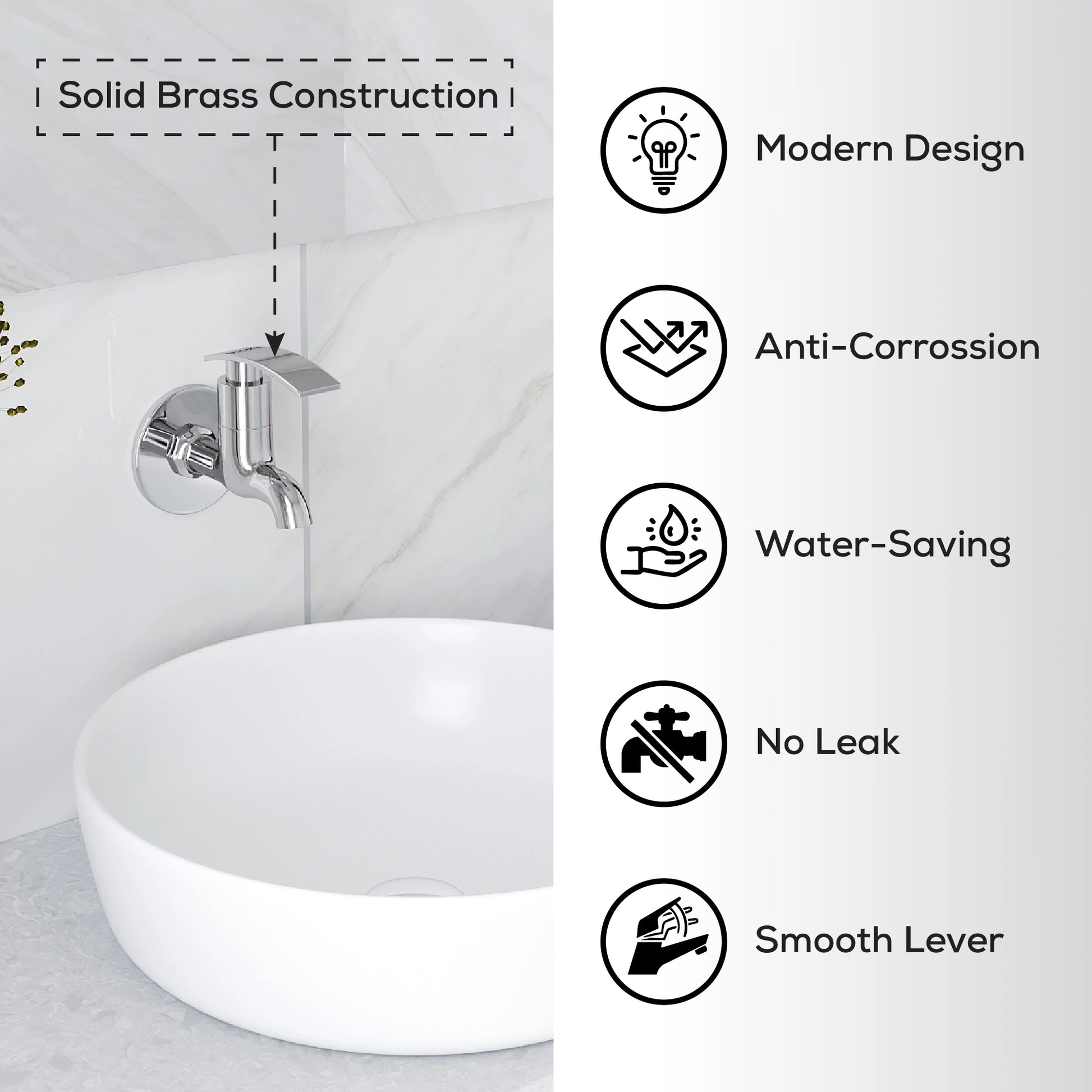 Chrome wall-mounted faucet with sink, featuring solid brass construction and water-saving design.