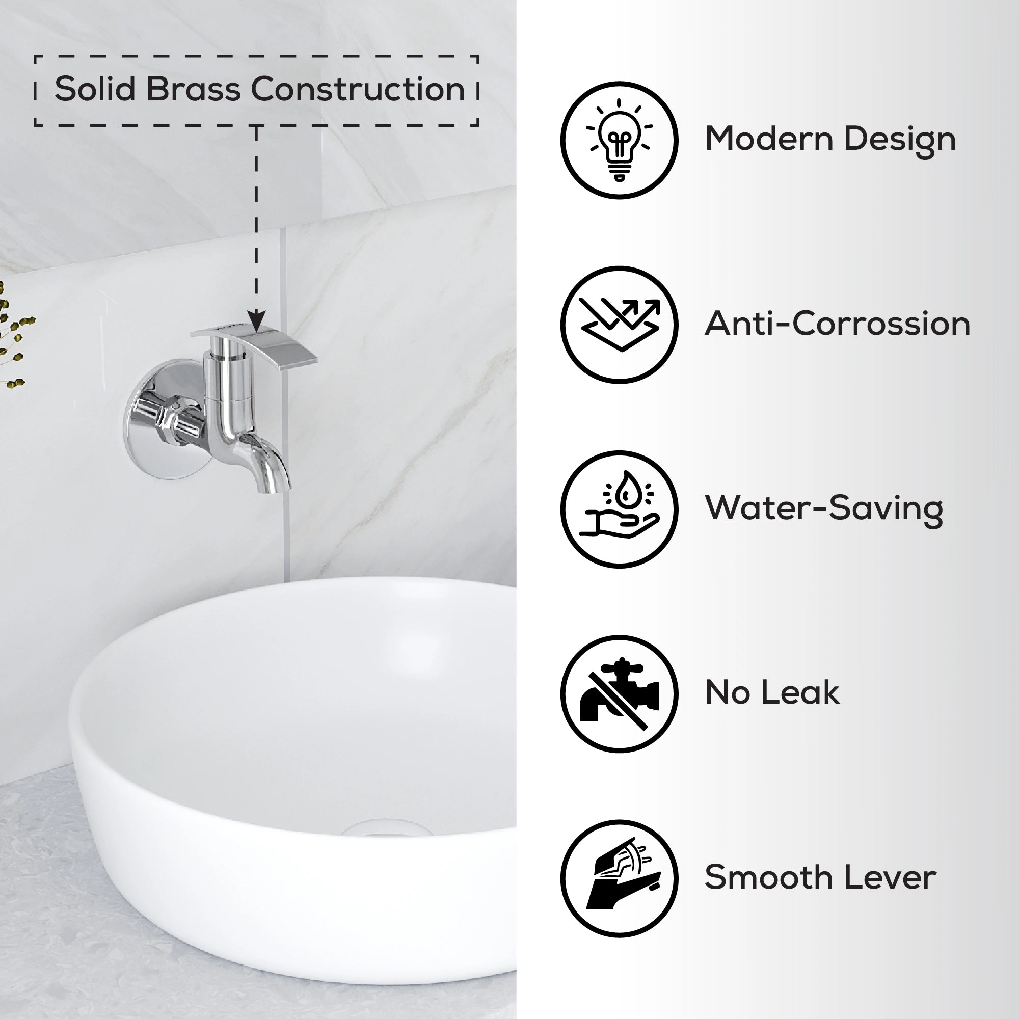 Chrome wall-mounted faucet with sink, featuring solid brass construction and water-saving design.